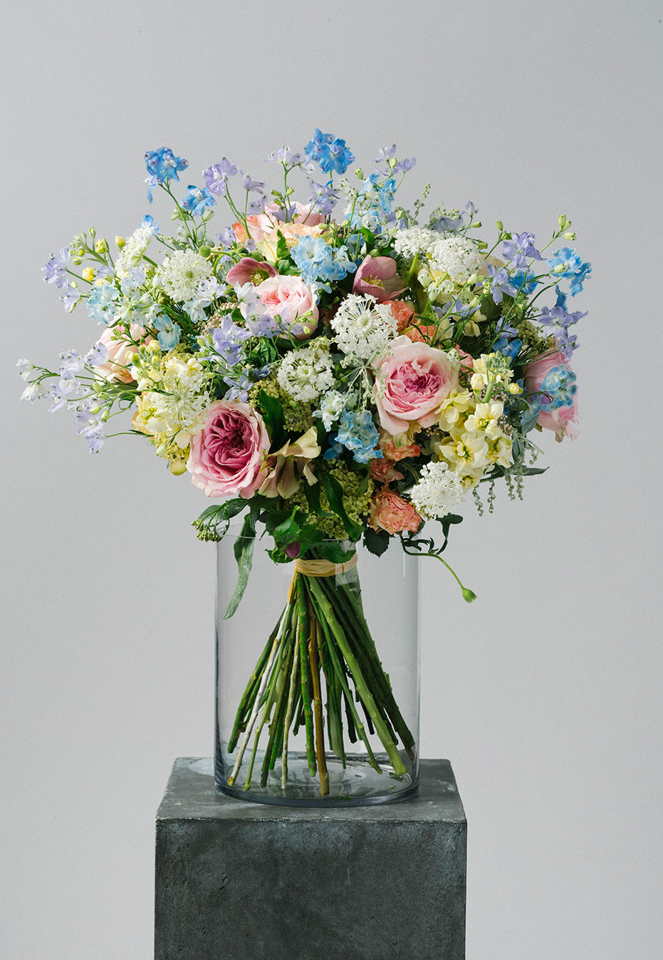flower bouquet of garden rose and delphinium by flannel flowers