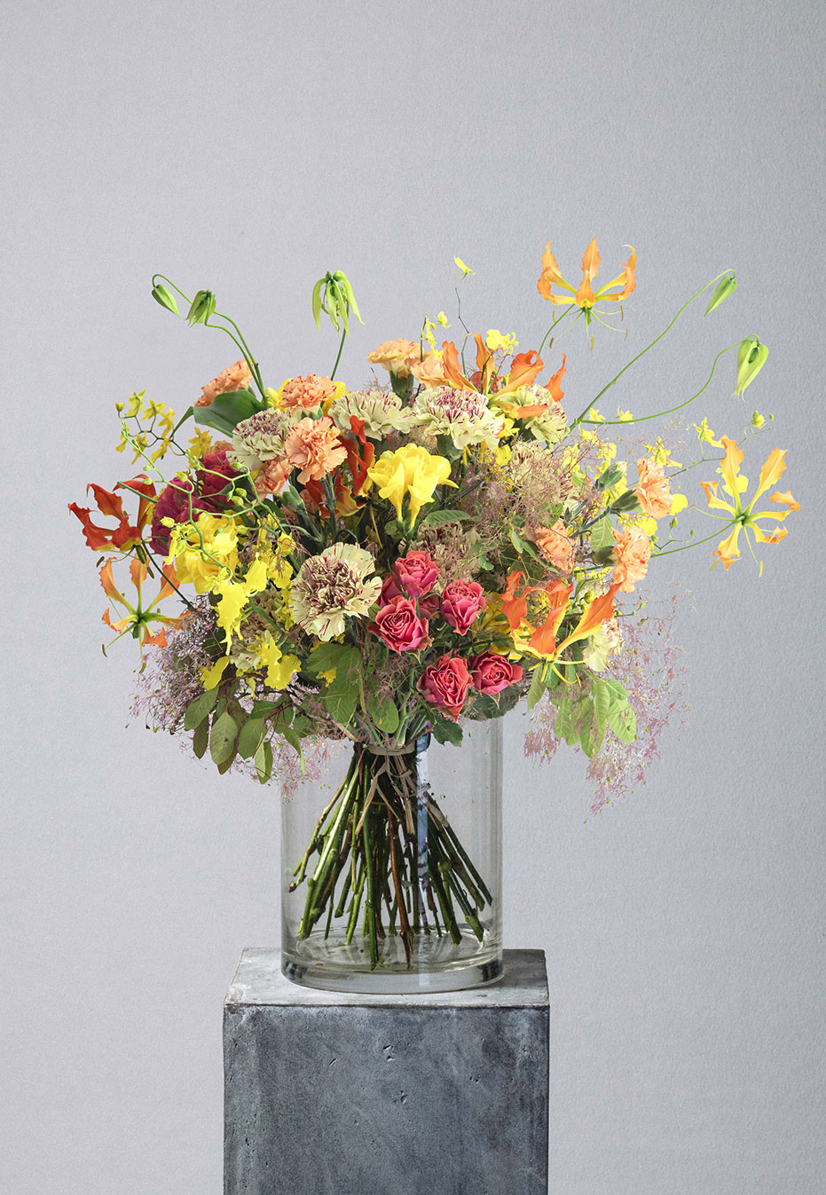 flower bouquet of carnation and gloriosa by flannel flowers
